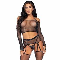 Leg Avenue Leg Avenue Black Rhinestone Mesh 4-Piece Lingerie Set One Size