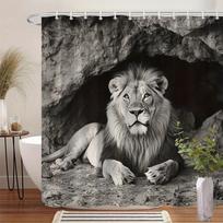 Majestic Lion in Cave Shower Curtain - Black & White Wildlife Design, Detailed Fur Texture, 12 Hooks, Machine Washable Polyester W90xH180cm