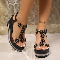 Waterdrop Flower Sandals for Women, Summer Wedge Heel Thick-soled Roman Sandals, Thick Heel Wedge Beach Sandals 35 juoda