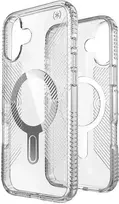 Speck Presidio Perfect-Clear Grip ClickLock & MagSafe – dėklas, skirtas iPhone 16 Plus (skaidrus / chromo apdaila / ramus sidabras)