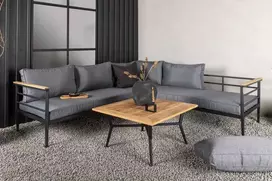 Venture Design Kampinė sofa, juodas metalas, ąžuolo mediena, terasos baldai
