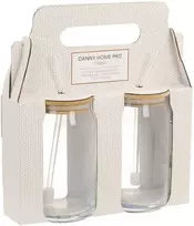 Home4You Geriamosios stiklinės CLASSIC 2 vnt. po 500 ml, su dangteliu ir stikliniu šiaudeliu