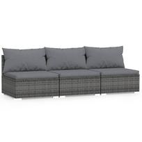 vidaXL Trivietė sofa su pagalvėlėmis, pilkos spalvos, poliratanas