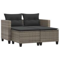 vidaXL Dvivietė sodo sofa su taburetėmis, pilkos spalvos, poliratanas
