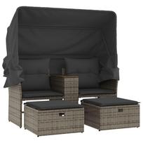 vidaXL Dvivietė sodo sofa su skliautu/taburetėmis, pilka, poliratanas