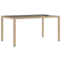 vidaXL Stalas su stikliniu stalviršiu, smėlio, 150x90x75cm, ratanas