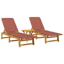 vidaXL Saulės gultai su staliuku, 2vnt., raudoni, akacijos masyvas