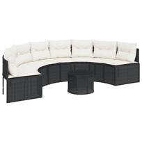 vidaXL Sodo sofa su stalu/pagalvėlėmis, juoda, poliratanas, pusapvalė