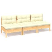 vidaXL Trivietė sodo sofa su kreminėmis pagalvėlėmis, pušies masyvas