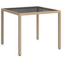 vidaXL Sodo stalas, smėlio, 90x90x75cm, grūdintas stiklas/poliratanas