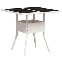 vidaXL Stalas su stikliniu stalviršiu, baltas, 80x80x75cm, poliratanas