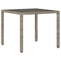 vidaXL Stalas su stikliniu stalviršiu, pilkas, 90x90x75cm, poliratanas