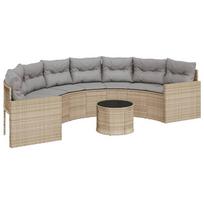 vidaXL Sodo sofa su stalu/pagalvėlėmis, smėlio, poliratanas, pusapvalė