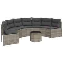 vidaXL Sodo sofa su stalu/pagalvėlėmis, pilka, poliratanas, pusapvalė