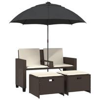 vidaXL Dvivietė sodo sofa su skėčiu/taburetėmis, ruda, poliratanas