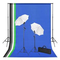 vidaXL Fotostudijos komplektas su fonais, šviestuvais ir skėčiais