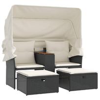 vidaXL Dvivietė sodo sofa su skliautu/taburetėmis, juoda, poliratanas