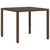 vidaXL Stalas su stikliniu stalviršiu, rudas, 90x90x75cm, poliratanas
