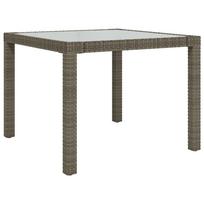 vidaXL Sodo stalas, pilkas, 90x90x75cm, grūdintas stiklas/poliratanas