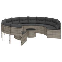 vidaXL Sodo sofa su stalu/pagalvėlėmis, pilka, poliratanas, apvali