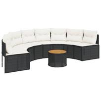 vidaXL Sodo sofa su stalu/pagalvėlėmis, juoda, poliratanas, pusapvalė
