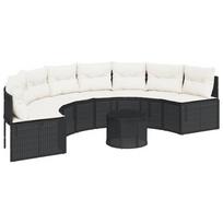 vidaXL Sodo sofa su stalu/pagalvėlėmis, juoda, poliratanas, pusapvalė