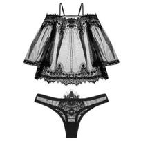 Nėrinių apatinis trikotažas Sexy Hot Erotic Mesh See Babydoll Sleepwear Through Babydoll Lace Mini Sling Suknelės Kelnaitės Naktinių drabužių rinkinys XXL juoda