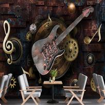 Vintažinės gitaros 3D sienų tapetai Dideli nuimami grafiti tapetai Tinka miegamojo, svetainės, kavinės, baro sienoms 200 cm(W) x 140 cm(H)