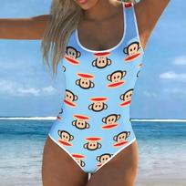 Summer Sexy Cute Big Mouth Monkey Printed One-piece Swimsuit Slim Fit , Deep U-back Design, Beach Pool Vacation Eye-catching Fashion Swimsuit XS mėlyna