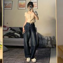 Women's High Waist American-Style Wide Leg Jeans with Large Pockets, Loose Fit, and Straight Trousers Small mėlyna-pilka spalva