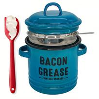 Enamel Bacons Grease Storage Container Jar with Strainer And Silicone Spatula Tool For Flavor Preserving Fat Keeper Box mėlyna