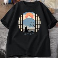 Coffee Cat In Mt Fuji T-shirt Men Women Round Neck Short Sleeves Tshirt Japanese Style Printed T-Shirt Cotton Oversized Tops S įvairiaspalvis
