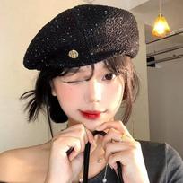 Paillette Sequin Beret Hat Breathable Crochet Knitted Cap Brimless Cap Weave Hat  Spring juoda
