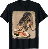 Kawaii Cat Eating Sushi Funny Japanese Anime Cute Cat T- Shirt M