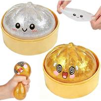Set 2 Slow Rising Squishy Dumpling Glitter Stress Relief Toy for Adults Kids, with Steamer Basket, Multicolor