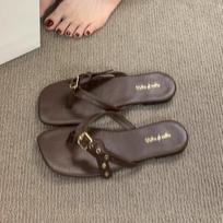Moterims šlepetės su sagtimi flip-flop'ai kvadratiniu pirštu sandalai plokščiapadžiai kasdieniai batai moteriški loaferiai 2025 m. tendencija vasaros negilūs patogūs šlepetės 35 ruda