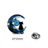 Van Gogh The Starry Night Brooch Star Moon and Black Cat Pin Asymmetric Night Sky Brooches For Women Birthday Jewelry
