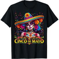 Cinco De Mayo Sugar Skull Woman Sombrero Graphic TShirt Casual Cotton Tee S įvairiaspalvis