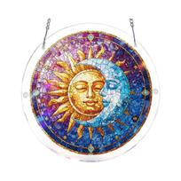 Round Hanging Stained Glass Sun and Moon Suncatcher Window Panel with Chain for Home Indoor Outdoor Decoration juoda