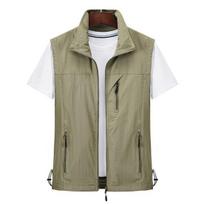 Lapel Sleeveless Waterproof Cargo Vest for Men Multiple Pockets Zipper Placket Waistcoat for Mountaineering Outdoor Camping Hiking XL chaki