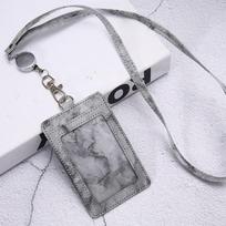 PU ID Card Holder Transparent Badge Holder With Card Slot Three Fold Card Holder Marble Patterned Neck Hanging Card Sleeve juoda