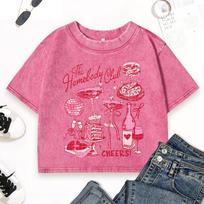 The Home Body Club Cake Drink Print Washed Crop T-Shirts Women Y2K Casual Top Street Clothes Cotton Short Sleeve M