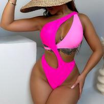 Women’s Colorblock Monokini Bathing Suit Sexy One-Piece Bikini Swimsuit, Fashion Swimwear S rožinė raudona spalva