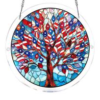 Acrylic Suncatcher Puzzle 83 Pieces Patriotic Tree Design Stained Glass Style Hanging Decoration with Chain for Window Display One Size