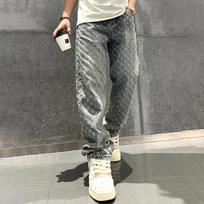 Jacquard Pattern Denim Pants Male Straight Fitting Baggy Bottoms Distressed Wide Jeans for Men Plus Size S mėlyna