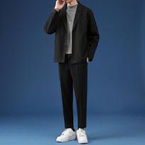 Vyriškas laisvalaikio kostiumo švarko komplektas Streetwear stilingi korėjietiški 2 dalių rinkiniai su kelnėmis pavasario paltas ir kelnės L juoda