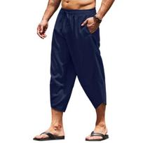 Mid-rise Elastic Waistband Baggy Pants Drawstring Pockets Thin Men Solid Color Harem Cropped Pants Daily Garment L tamsiai mėlyna spalva