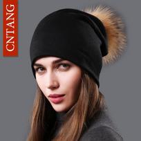Women's Hat Natural Raccoon Fur Pompom Beanies Autumn Winter Warm Cotton Hats Rhinestone Fashion Caps for Women Multiple Styles