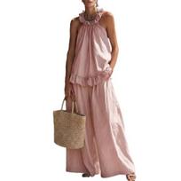 2 Piece Sets for Women, Ruffle Halter Sleeveless Top And Wide Leg Pants Matching Sets, Summer Vacation Lounge Outfits with Pockets XXL rožinė