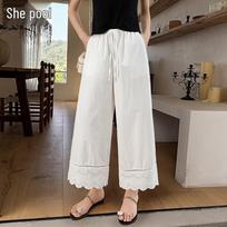 Women's Embroidered Lace Drawstring Straight-Leg Cropped Pants L balta